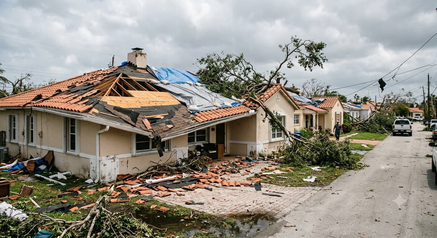 Storm-damaged house with debris