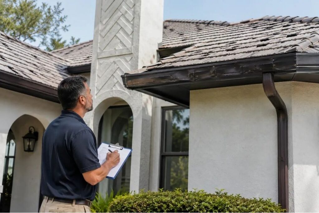 Adjuster inspecting faulty Coral Springs roof