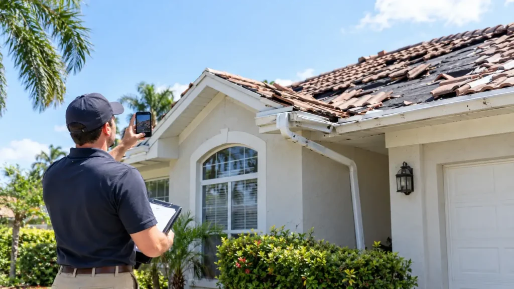 Adjuster inspecting hurricane roof damage in Coral Springs