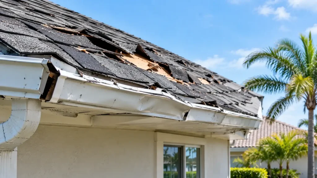 Close-up of hurricane roof damage in Coral Springs